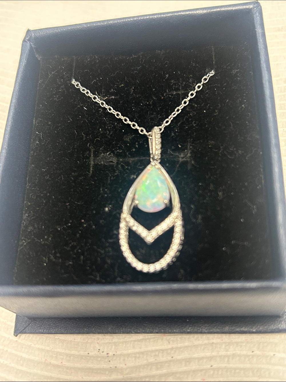 Sterling Teardrop Opal Pendant Necklace - Iridescent Opal